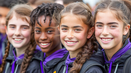 Obraz premium Group of diverse girls smiling together in outdoor setting with vibrant atmosphere and joy