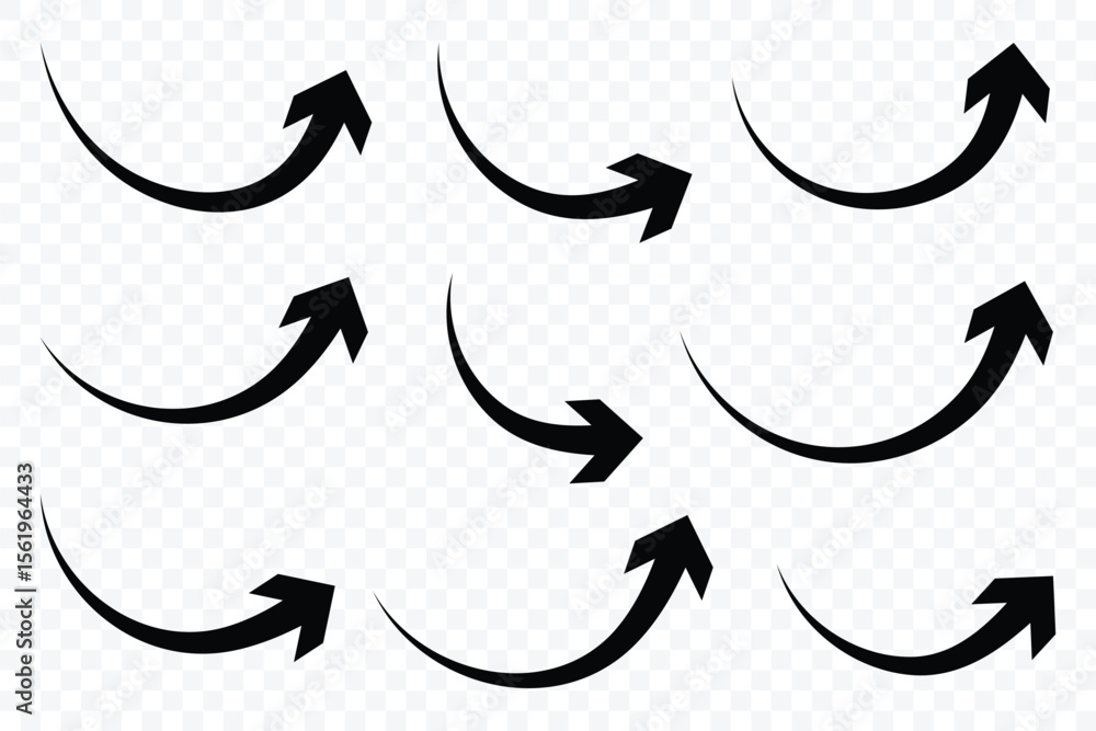 Poster curved arrow icons set. black long up arrow icon vector. long curved hand drawn arrow isolated backg