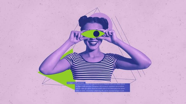 Creative poster motion collage video of happy girl cyclops eyeball esoteric