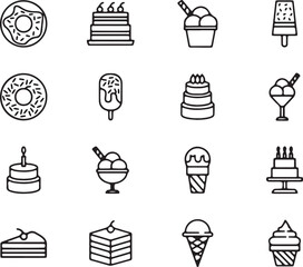 Ice Cream and Frozen Treat Icons – Popsicles, Cones, Sundaes, and Frozen Desserts in Outline Vector