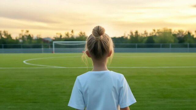 A young girl with blonde hair is standing on a soccer field. She is wearing a white shirt and has her hair in a bun. The sky is cloudy and the sun is setting, creating a moody atmosphere