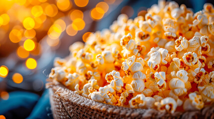 Freshly popped popcorn in a woven basket with warm bokeh lights creating a cozy atmosphere
