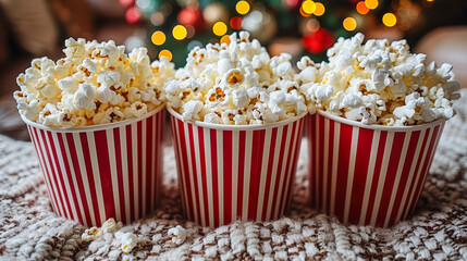 Three striped popcorn buckets filled with fluffy popcorn on cozy blanket with festive lights