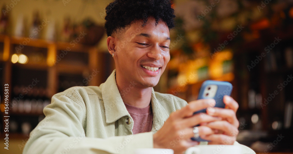 Aufkleber man, phone and texting with smile at cafe with contact, typing and streaming on web at restaurant. p