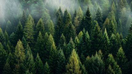Obraz premium Misty evergreen forest with tall trees, suitable for nature websites, environmental blogs, meditation apps, and nature themed designs.