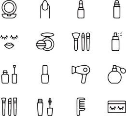 Beauty and Cosmetic Line Icons – Lipstick, Lotion, Cream, Mirror, Nail Polish, and Makeup Tools Vector Set