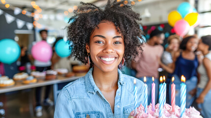 Young girl with curly hair smiling while holding a birthday cake with candles at a celebration
