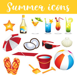 Beautiful and colorful summer icons set. Vector hand drawn illustration.