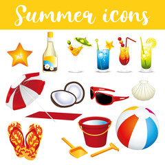 Beautiful and colorful summer icons set. Hand drawn illustration.