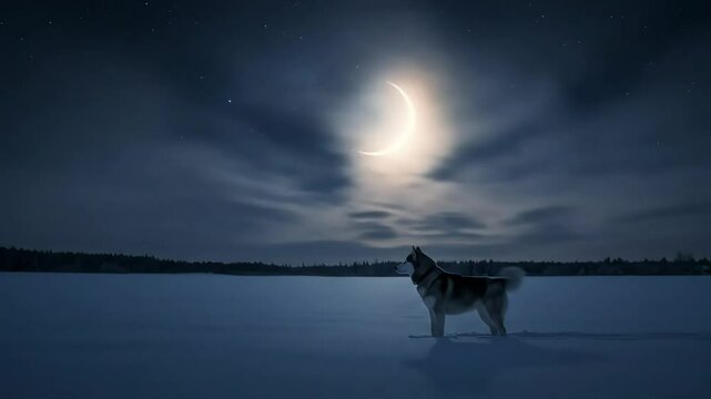 Dog Standing on Frozen Lake Beneath Crescent Moon and Starry Night Sky in Winter Scenery
