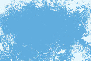 Grunge monochrome background. Distress weathered rough overlay texture with scratch lines. Blue and white colors. Grunge frame design with white paint spots. Winter texture 