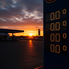 Vibrant sunset over gas station with display of fuel prices, with cars filling up with petrol. Energy market and road travel. Illustrating economics, transport, petrol prices, sunsets and city life.