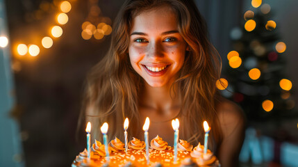 Young woman celebrating birthday with cake and candles in festive atmosphere with lights