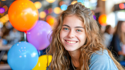 Young girl with curly hair smiling joyfully in a vibrant party atmosphere with colorful balloons