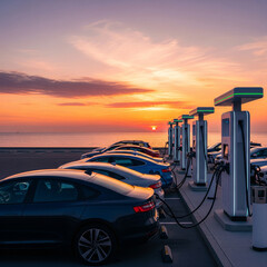 Row of electric cars charge at station by sea, symbolising fusion of technology and nature. Showcasing green transport, sustainable travel and the development of electric vehicle infrastructure.