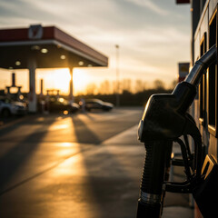 Close-up of petrol pump at the gas station, cars parked nearby during evening hours at sunset. Ideal for illustrating transport, fuel prices, energy, travel and everyday life topics.