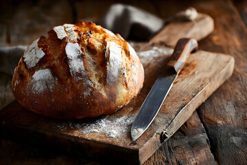 Fresh rustic sourdough bread on wooden cutting board with knife