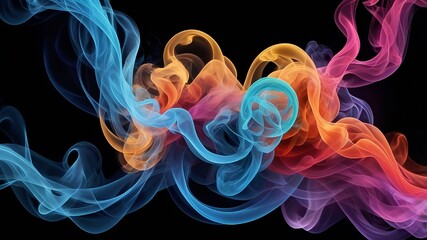 A mesmerizing digital artwork of multicolored smoke swirls in vibrant shades of orange, blue, pink, purple, gracefully flowing and intertwining against a solid black background