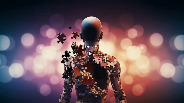 Puzzle-person stands with bokeh. Concept wholeness, solving problems, healthcare, or identity