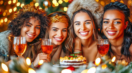 Group of joyful women celebrating with drinks and cake in festive holiday atmosphere