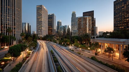 Obraz premium Los Angeles Skyline with Traffic Light Trails and Buildings
