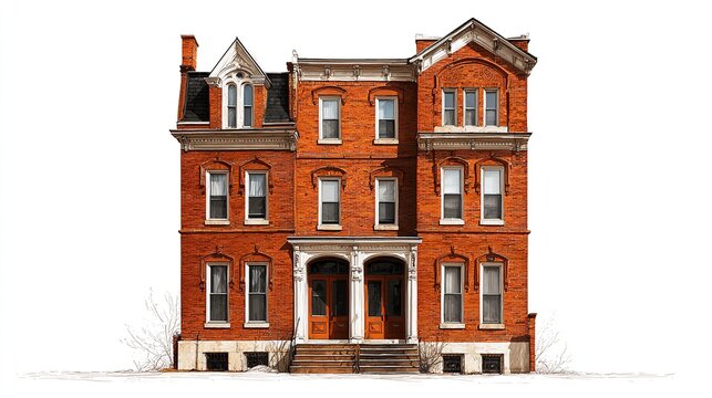 Grand Victorian brick duplex, three stories high, detailed facade, weathered charm, architectural illustration