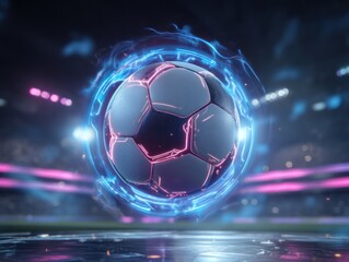 Naklejka premium Futuristic soccer ball in a stadium at night