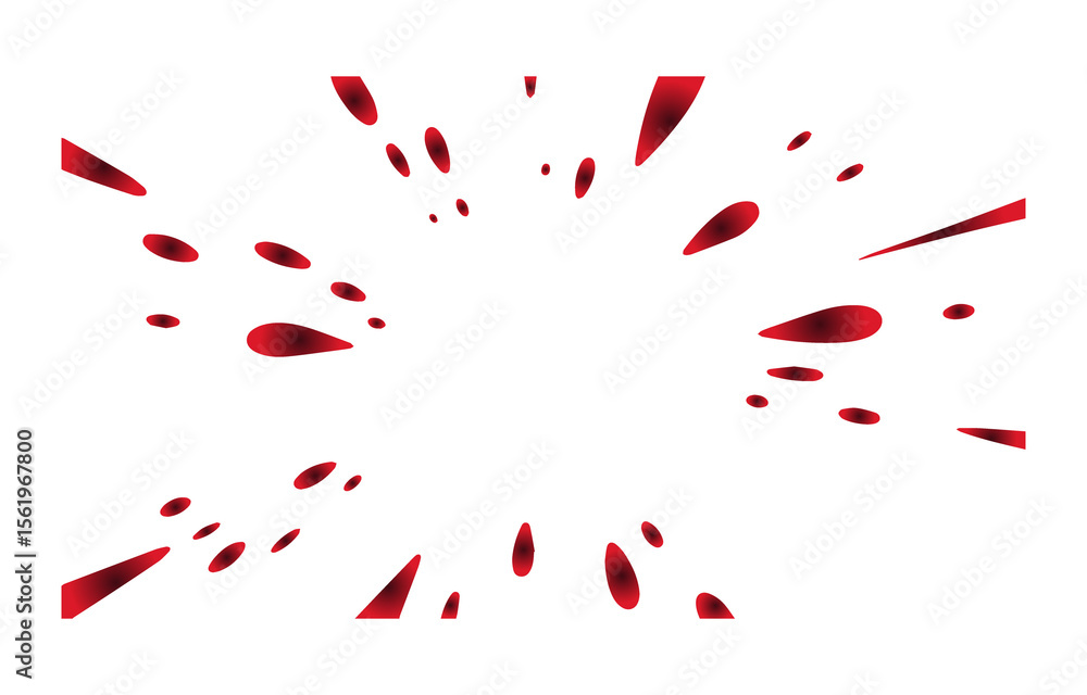 Poster abstract red splatters and shapes radiating outwards from a central point creating a dynamic burst e