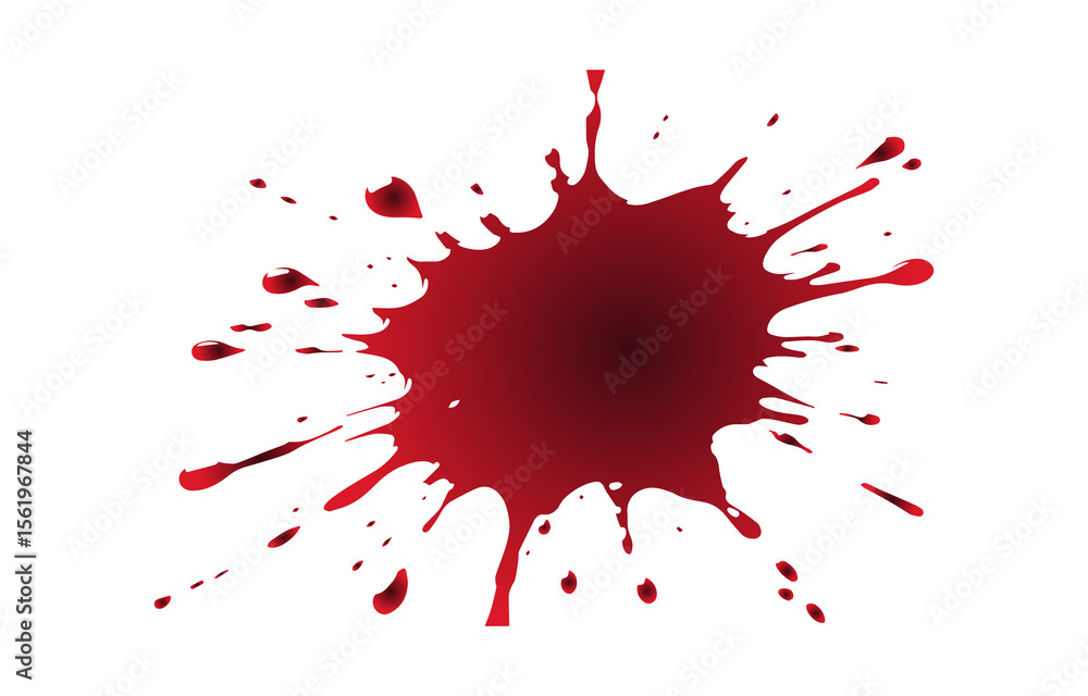 Poster a vibrant red liquid splash with droplets and streaks creating an abstract splatter pattern isolated