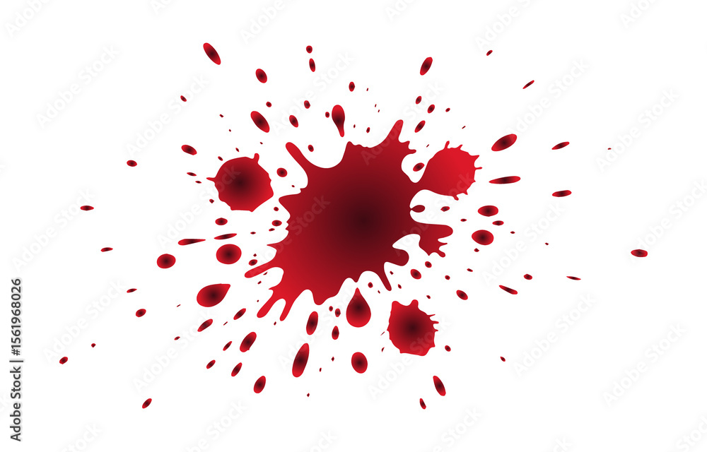 Poster a realistic depiction of a dark red blood splatter with droplets and splashes isolated on a transpar