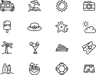 Summer Vacation Line Icons – Beach, Sun, Travel & Relaxation Vector Set
