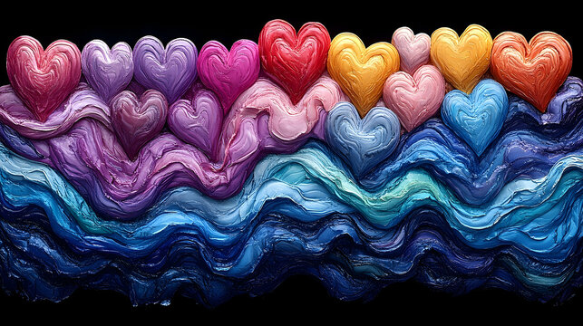 A vibrant array of colorful hearts sits atop swirling, textured waves of blue and purple on a black background