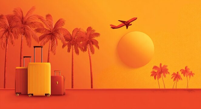 Modern gradient summer banner featuring sun, airplane, palm tree, and luggage icons, perfect for travel ads, holidays, and vacation promotions. High quality