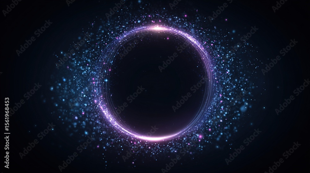 Poster glowing circle frame with colorful particles on dark background, use for overlay or design