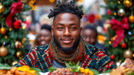 Smiling man in festive sweater enjoying holiday meal surrounded by decorations and friends