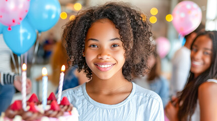 Young girl celebrating birthday with cake, candles, and colorful balloons in festive atmosphere
