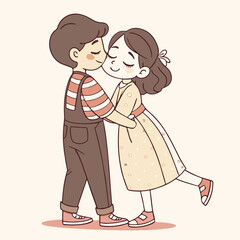 Romantic cartoon illustration of a loving couple holding each other tightly, capturing emotional connection and cheerful energy.