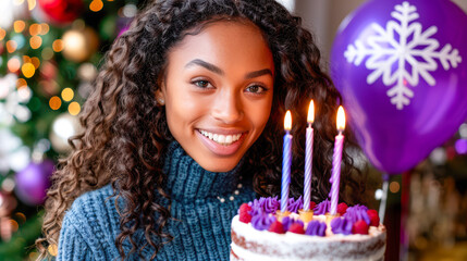 Smiling young woman holding birthday cake with candles and festive decorations in background