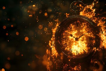 Antique Pocket Watch Surrounded by Flames and Sparks at Night