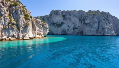 Jagged limestone cliffs enclose a calm, turquoise sea bay  ,  picturesque,  environment