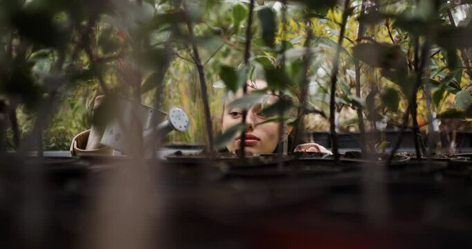 Woman tending plants in a garden center with a watering can, surrounded by lush green foliage and potted plants, capturing a serene and nurturing atmosphere from a low angle view - Powered by Adobe
