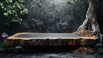 Obraz premium Wooden slab display platform against a dark stone backdrop.