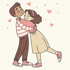  A joyful couple dances together, surrounded by heart shapes, expressing celebration, love, and happy movement.