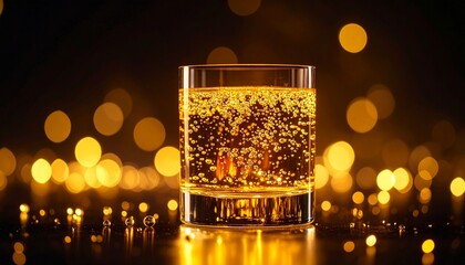 Glowing Glass of Effervescent Liquid with Floating Oil and Golden Light from Below, Illuminated in a Dark Background with Bubbles and Reflections, Macro Artistic Shot