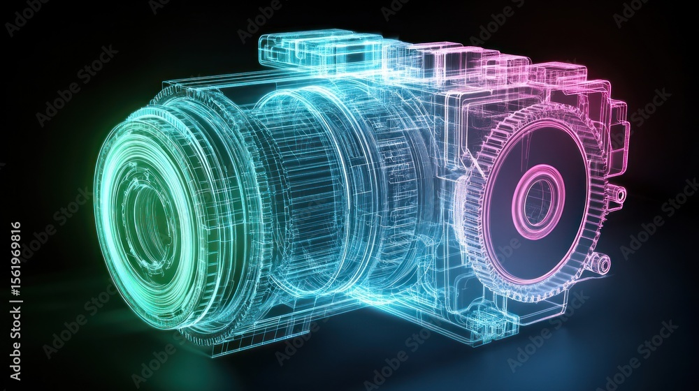 Aufkleber 3d rendering of a camera's internal structure, highlighted with vibrant neon lines