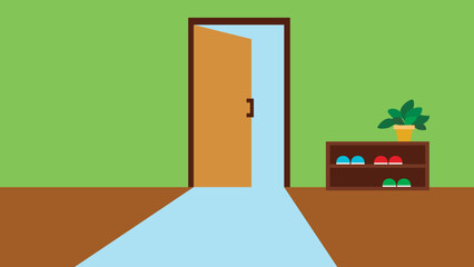 Illustration of a room with a door and a plant in a pot