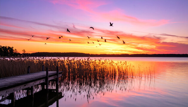 Serene Lake Sunset with Vibrant Sky, Silhouetted Reeds, Distant Birds, and Rustic Wooden Pier Landscape
