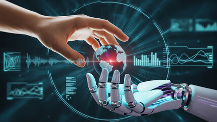 Human and Robotic Hands Reaching Holographic Earth – Futuristic Digital Art