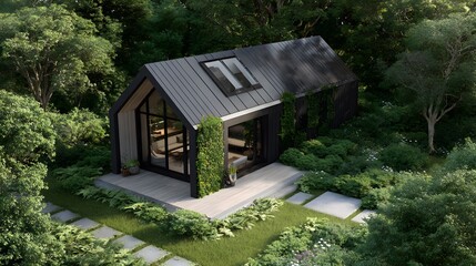 front view of small modern home with dark metal gable roof, surrounded by lush greenery, clean minimalist aesthetics, 3D render isometric