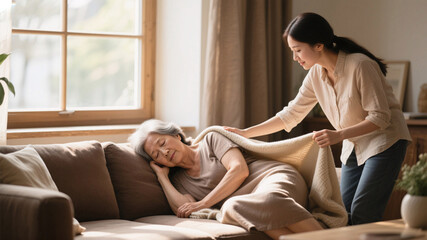 Touching moment of adult daughter covering her mother with a blanket – emotional support for fatigue during perimenopause
